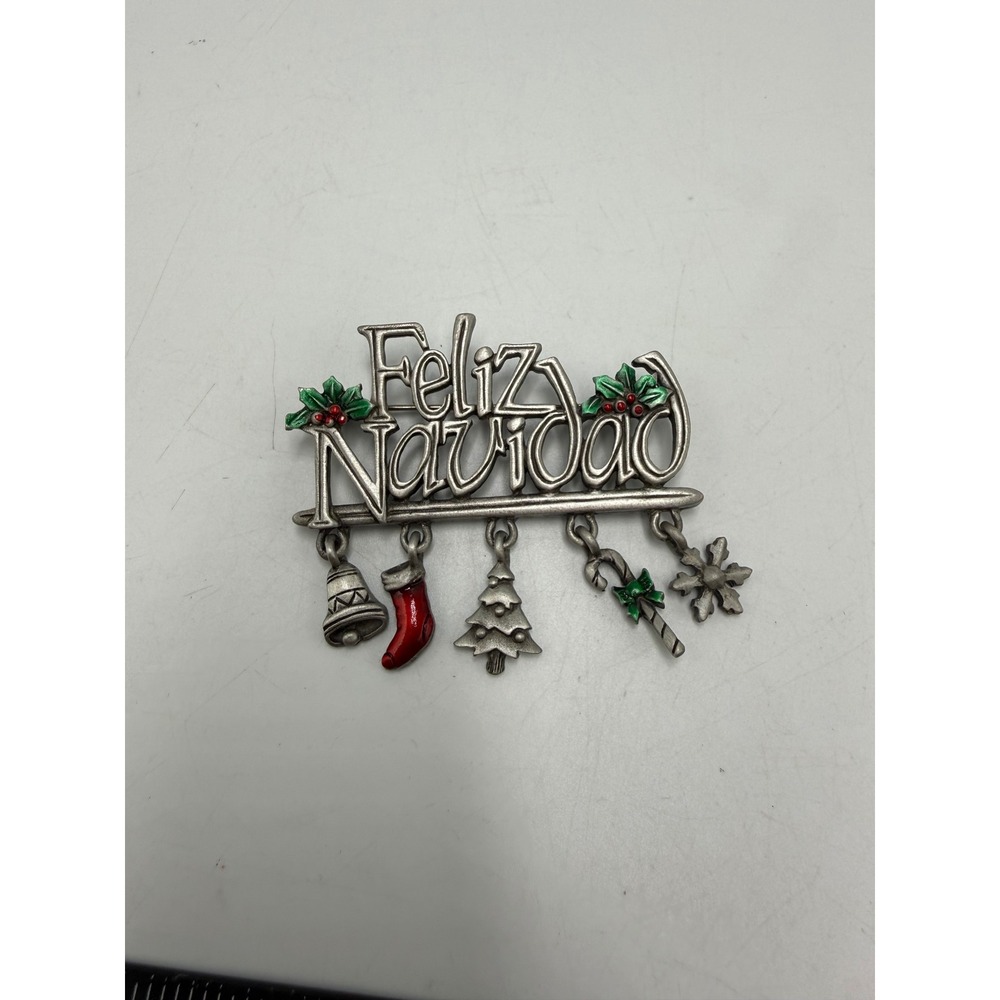 Vintage AJMC Feliz Navidad Christmas Brooch Pewter Tone Enamel Dangle Charms Pin